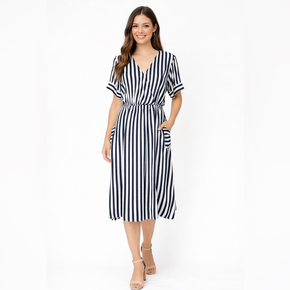 JGee Striped Navy and White Midi Dress with Short Dolman Sleeves V-Neck Preppy
